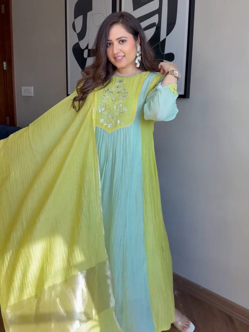 Premium Mint Green & Yellow Mul Chanderi Suit Set with Banarasi Dupatta