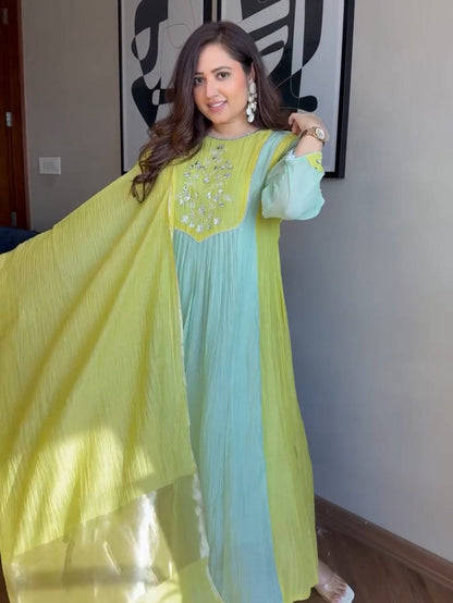 Premium Mint Green & Yellow Mul Chanderi Suit Set with Banarasi Dupatta