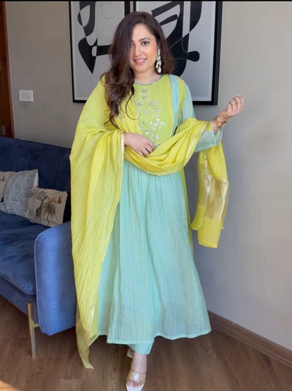 Premium Mint Green & Yellow Mul Chanderi Suit Set with Banarasi Dupatta