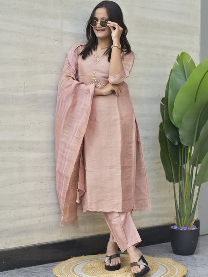 Premium Blush Pink Pure Banarasi Zari Jacquard Suit Set