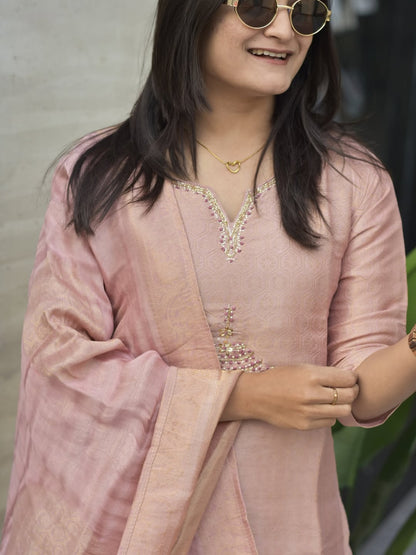 Premium Blush Pink Pure Banarasi Zari Jacquard Suit Set