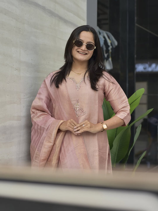 Premium Blush Pink Pure Banarasi Zari Jacquard Suit Set