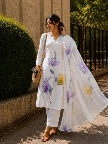 Premium White Floral Hand-Painted Mulmul Linen Suit Set with Dupatta