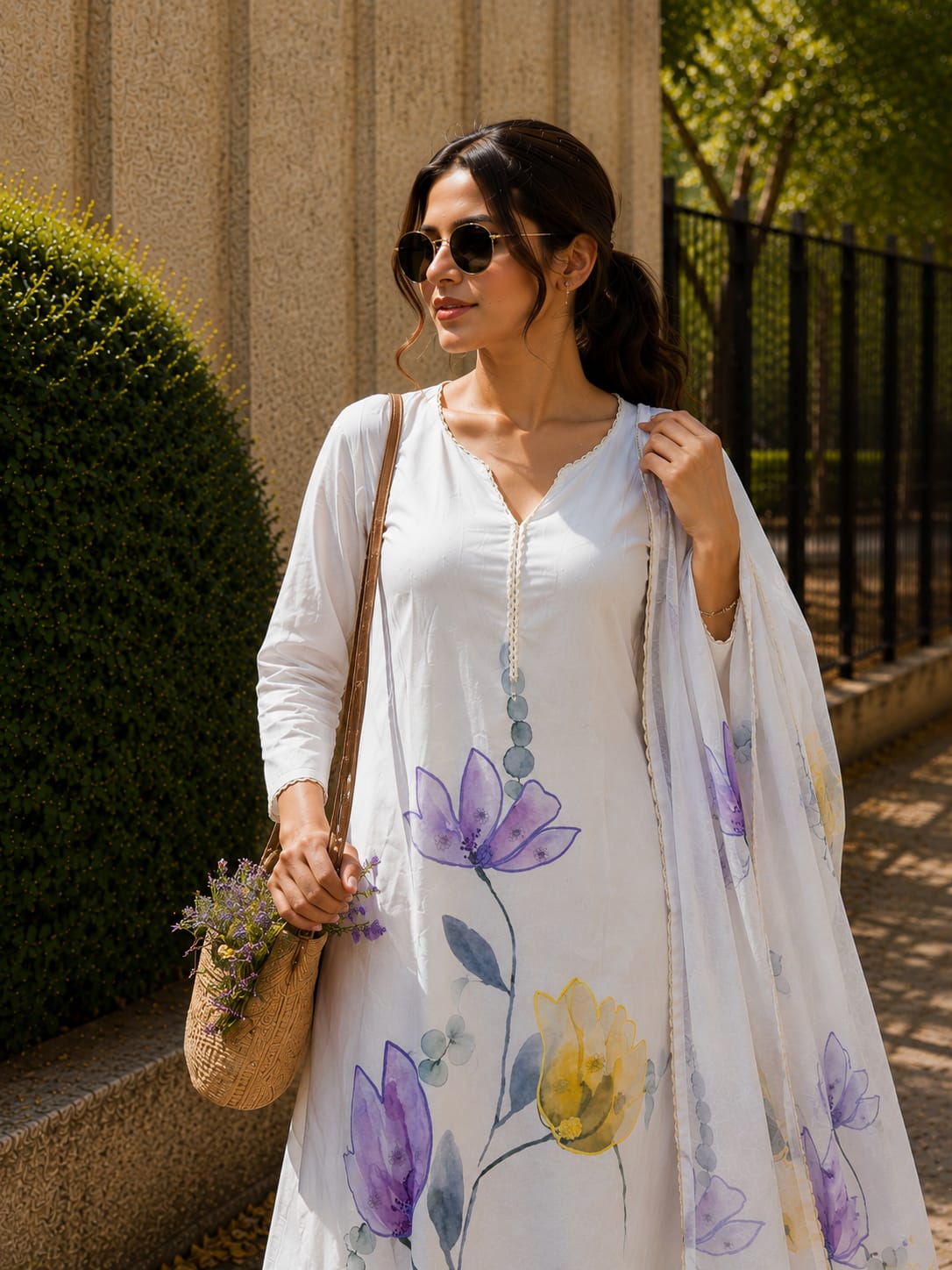 Premium White Floral Hand-Painted Mulmul Linen Suit Set with Dupatta