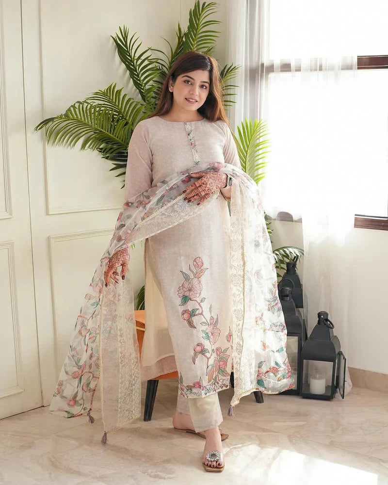 Beige Floral Printed Straight Suit Set with Lace Detailing
