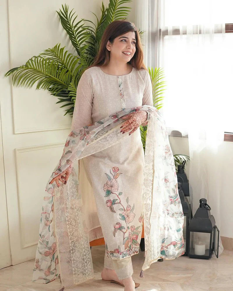 Beige Floral Printed Straight Suit Set with Lace Detailing