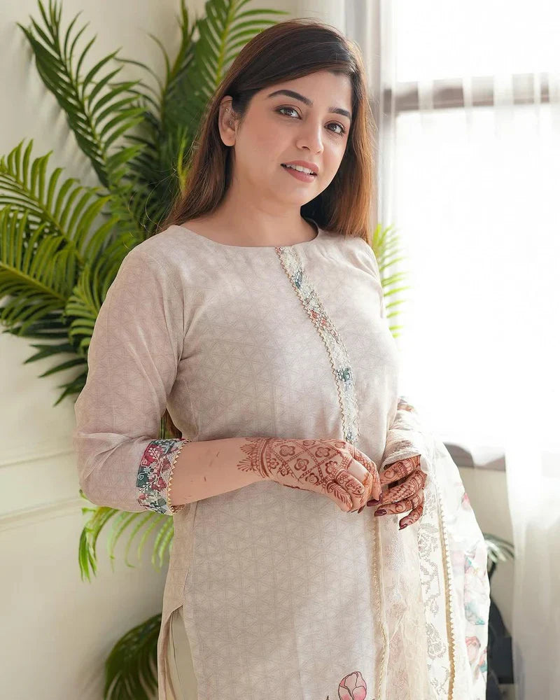 Beige Floral Printed Straight Suit Set with Lace Detailing
