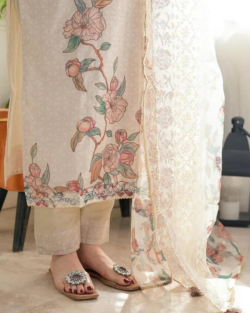 Beige Floral Printed Straight Suit Set with Lace Detailing