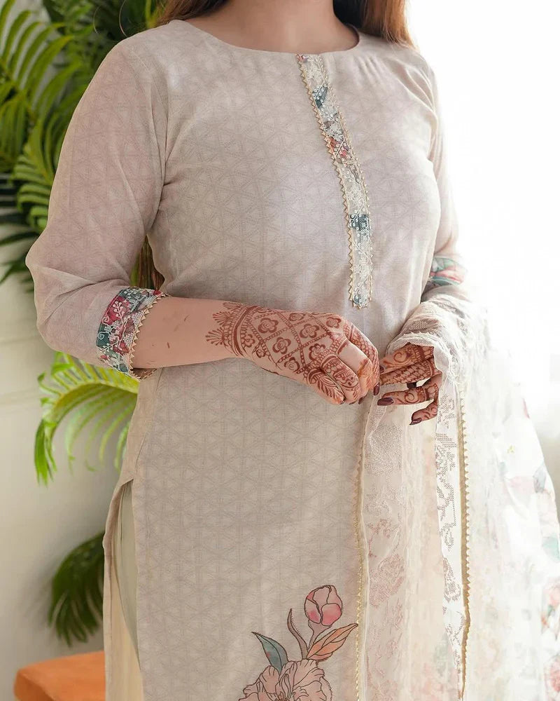 Beige Floral Printed Straight Suit Set with Lace Detailing