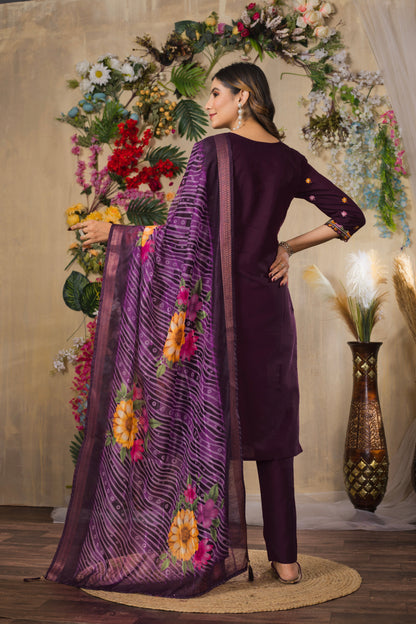 Rich Wine Embroidered Roman Silk Suit Set with Printed Chanderi Dupatta