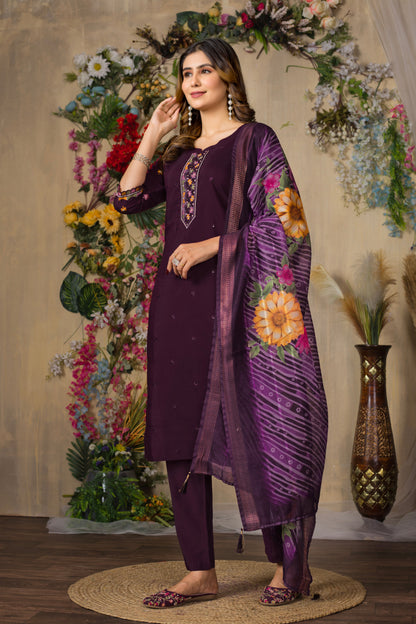 Rich Wine Embroidered Roman Silk Suit Set with Printed Chanderi Dupatta