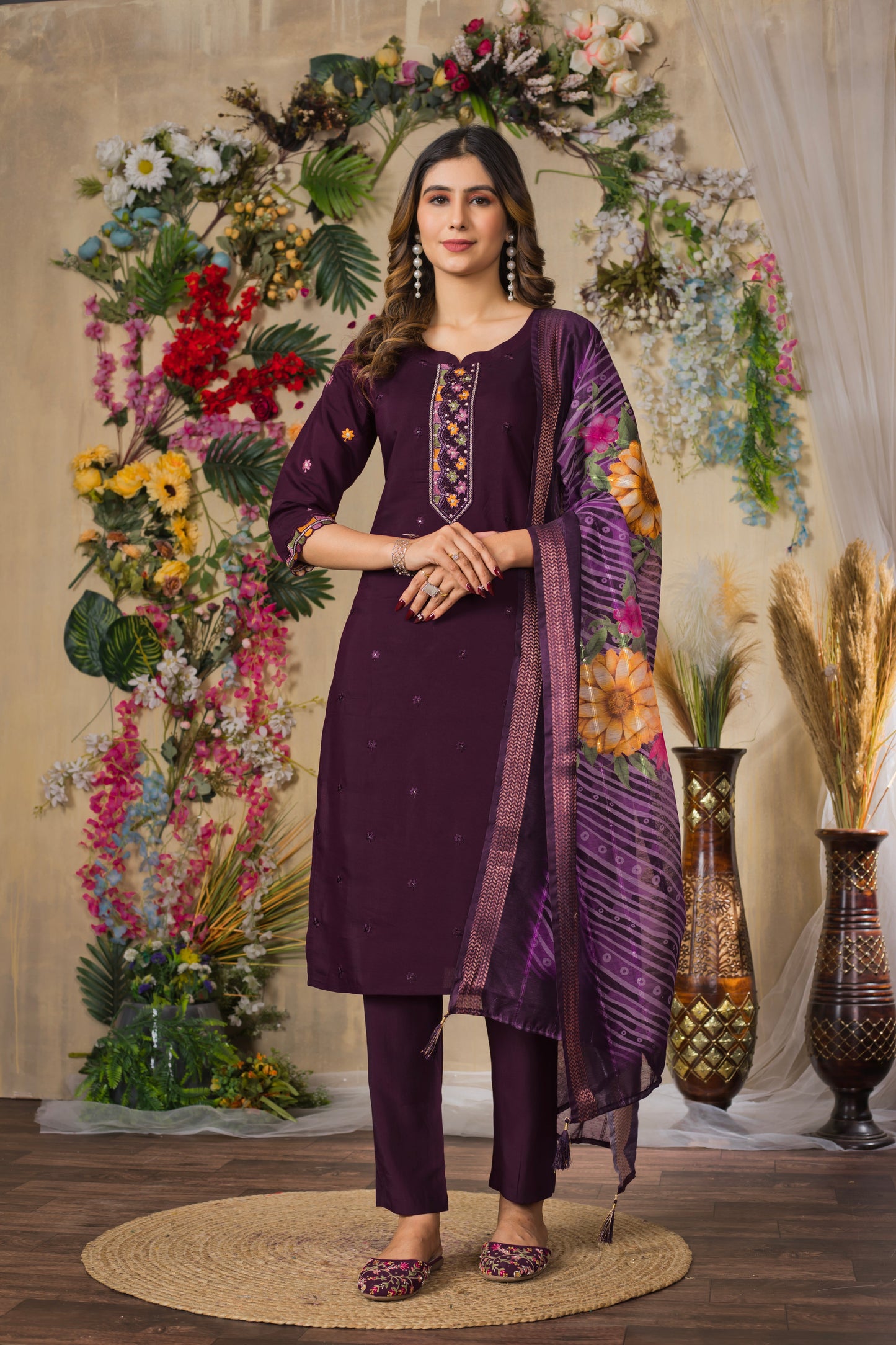 Rich Wine Embroidered Roman Silk Suit Set with Printed Chanderi Dupatta