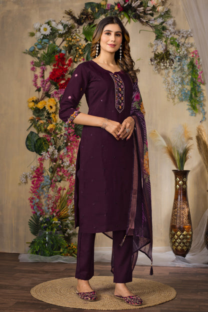 Rich Wine Embroidered Roman Silk Suit Set with Printed Chanderi Dupatta