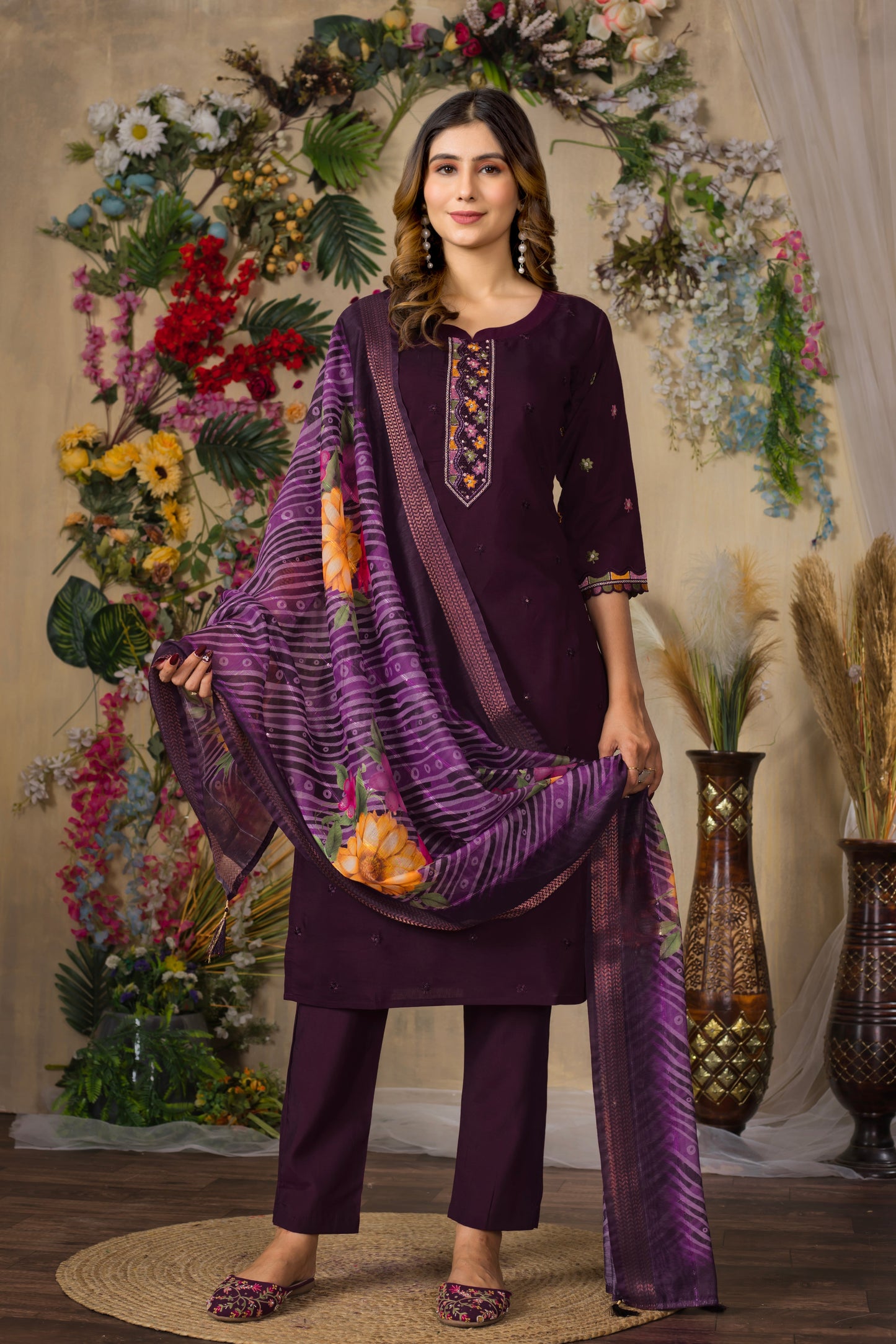 Rich Wine Embroidered Roman Silk Suit Set with Printed Chanderi Dupatta