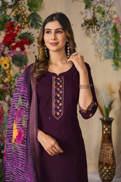 Rich Wine Embroidered Roman Silk Suit Set with Printed Chanderi Dupatta