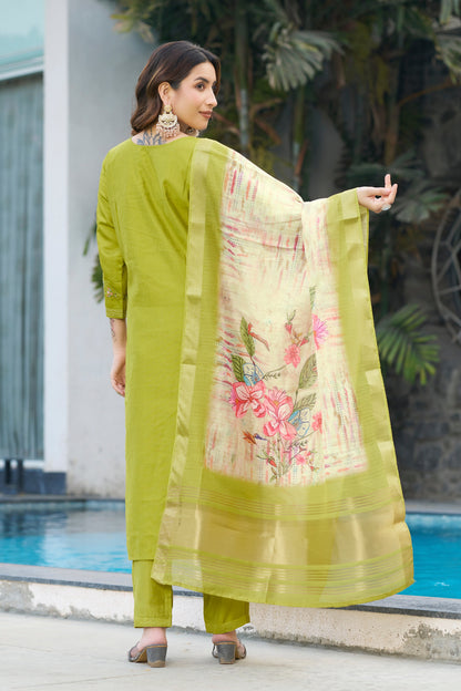Parrot Green Embroidered Viscose Silk Suit Set with Printed Maslin Dupatta