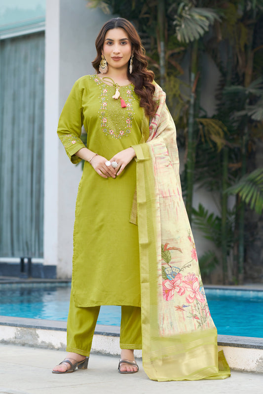 Parrot Green Embroidered Viscose Silk Suit Set with Printed Maslin Dupatta