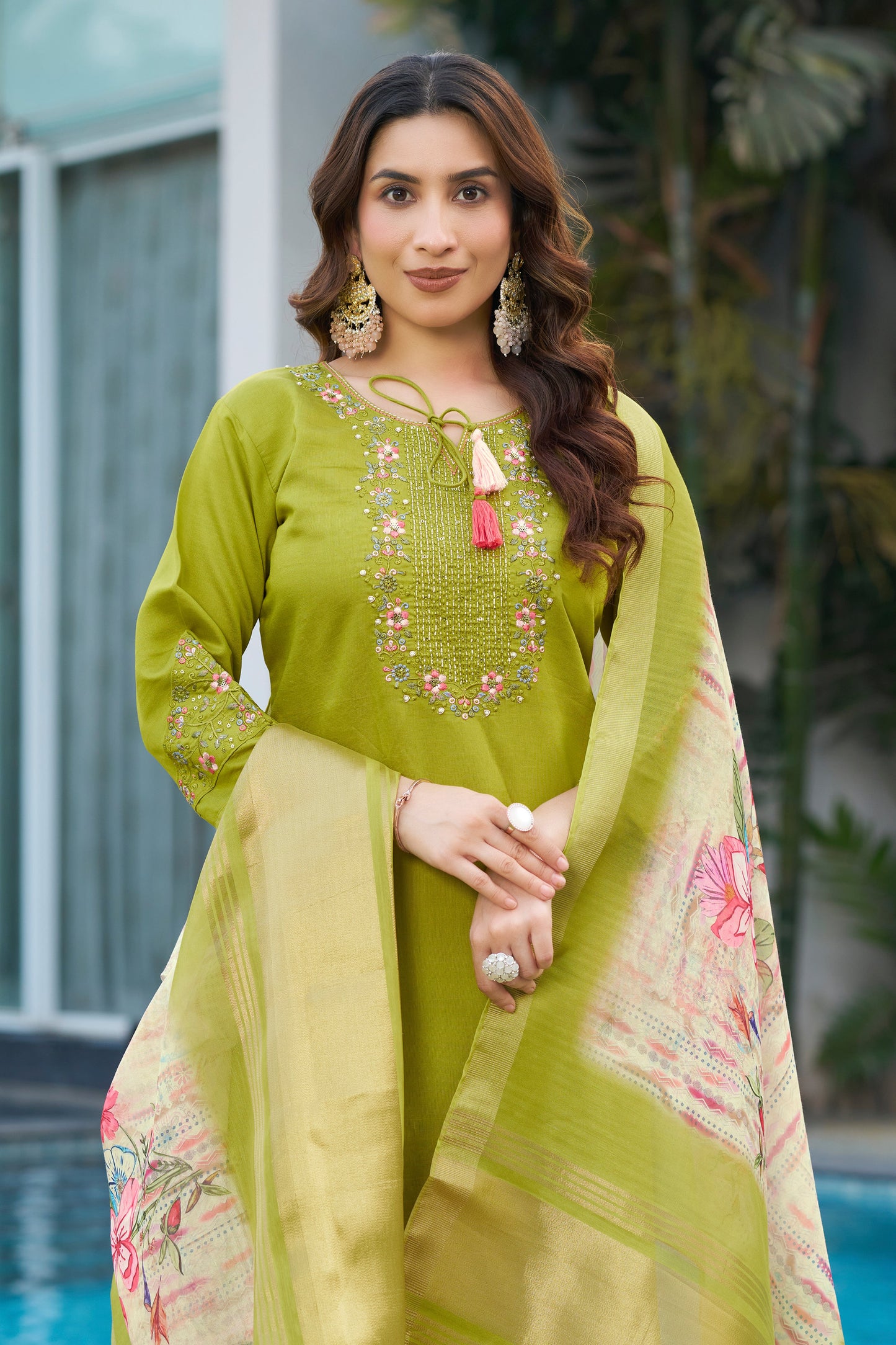 Parrot Green Embroidered Viscose Silk Suit Set with Printed Maslin Dupatta