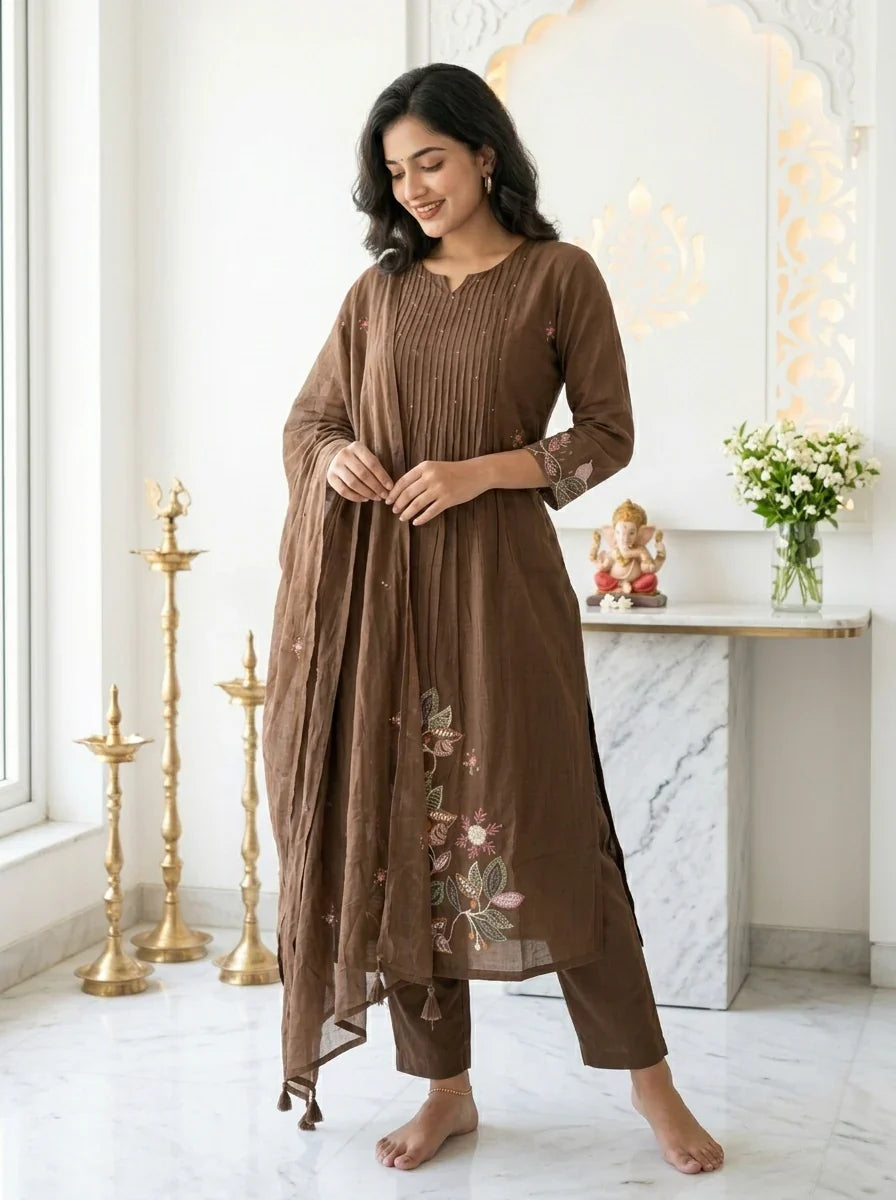 Premium Chocolate Brown Embroidered Cotton Blend Kurti & Pant Set with Dupatta