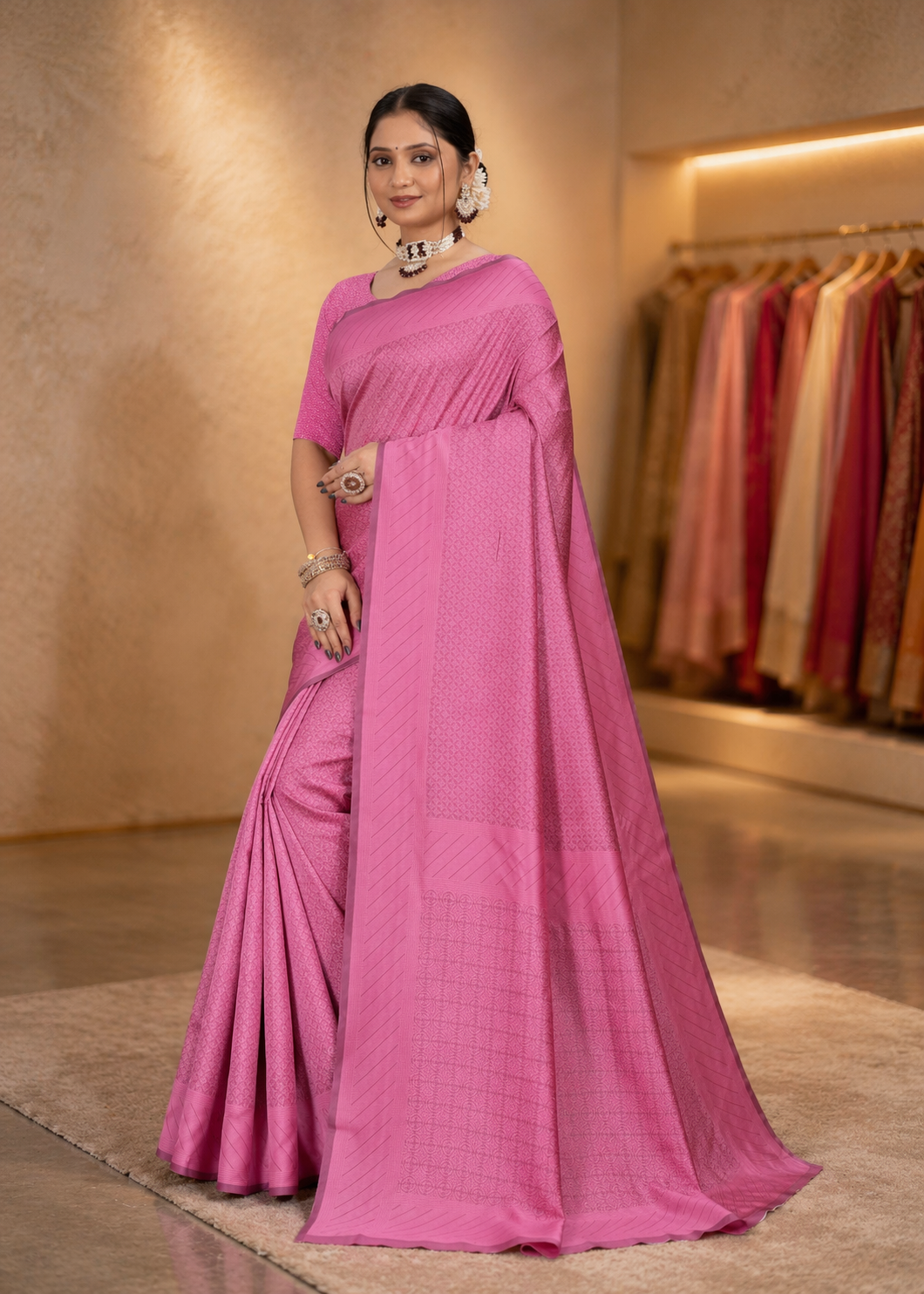 Beautiful side profile showing the graceful pleats of the gulabi pink solid silk saree