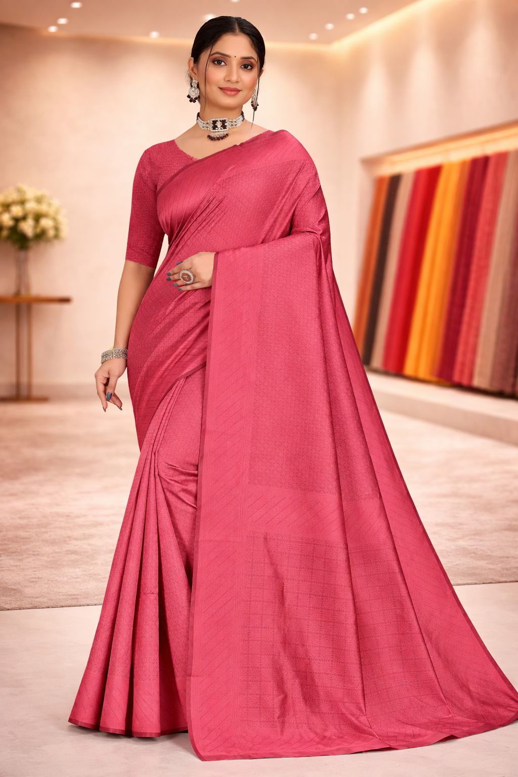 Full length front view of a beautiful woman wearing a vibrant gaajri pink minimalist saree