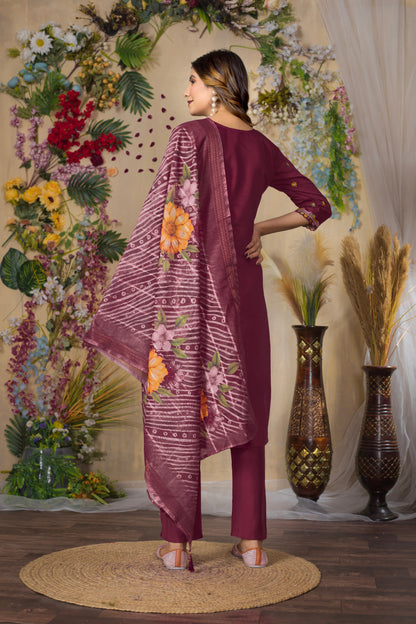 Deep cerise Embroidered Roman Silk Suit Set with Printed Chanderi Dupatta