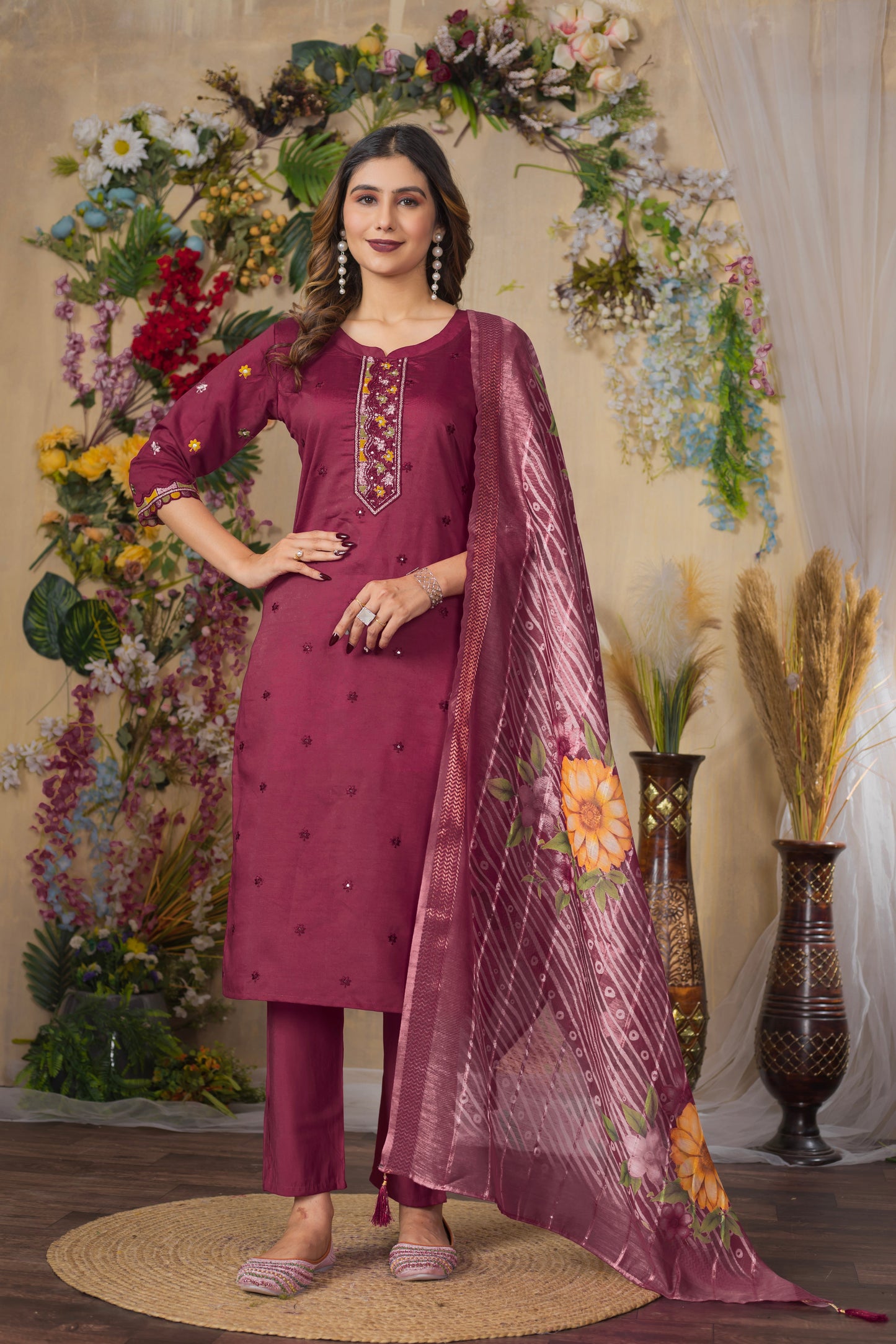 Deep cerise Embroidered Roman Silk Suit Set with Printed Chanderi Dupatta