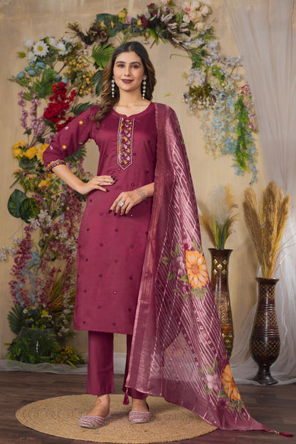 Deep cerise Embroidered Roman Silk Suit Set with Printed Chanderi Dupatta