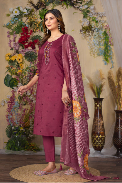 Deep cerise Embroidered Roman Silk Suit Set with Printed Chanderi Dupatta