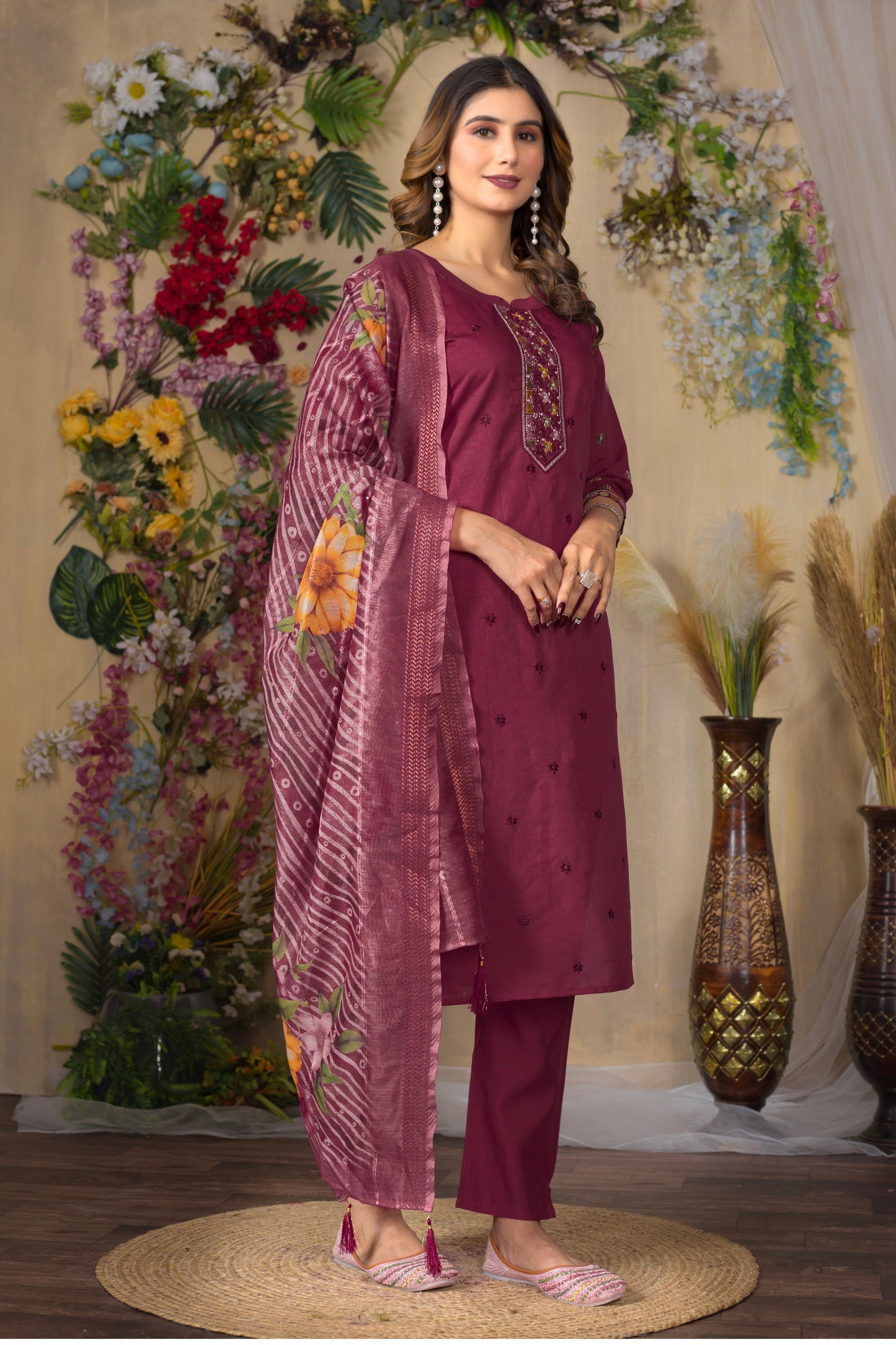 Deep cerise Embroidered Roman Silk Suit Set with Printed Chanderi Dupatta