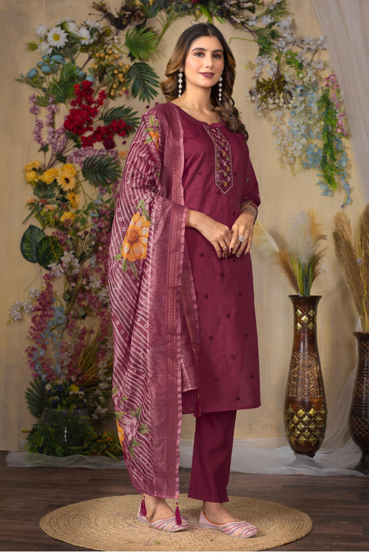 Deep cerise Embroidered Roman Silk Suit Set with Printed Chanderi Dupatta