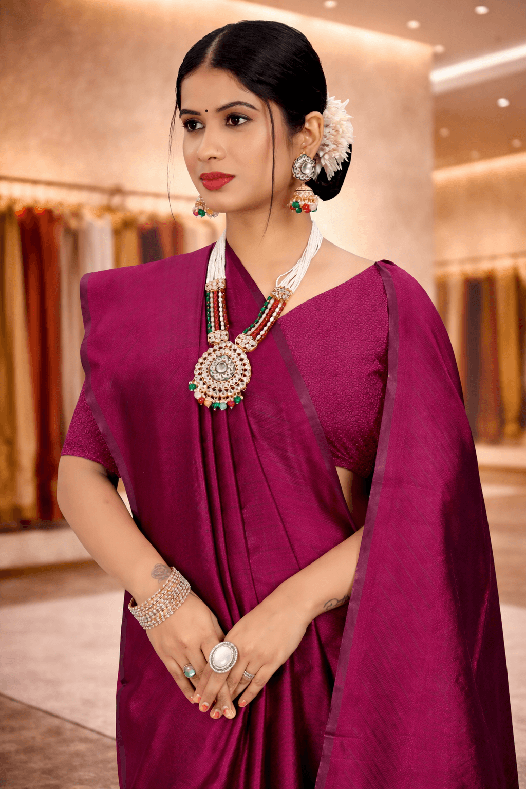 Close-up portrait highlighting the rich cherry color and matching blouse of the plain silk saree