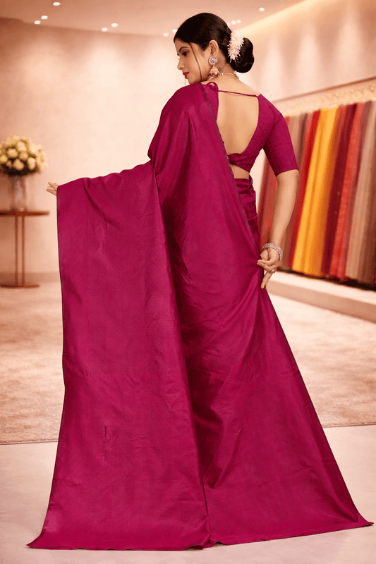 Back view showcasing the elegant fall and solid color blouse of the deep cherry ethnic saree
