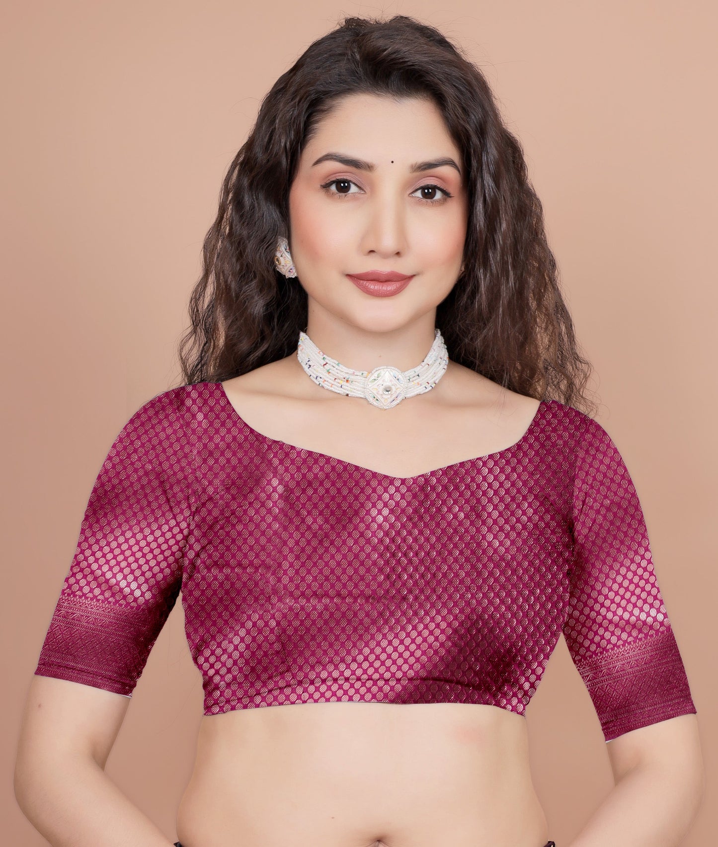 Front close up of the unstitched cherry color geometric patterned blouse