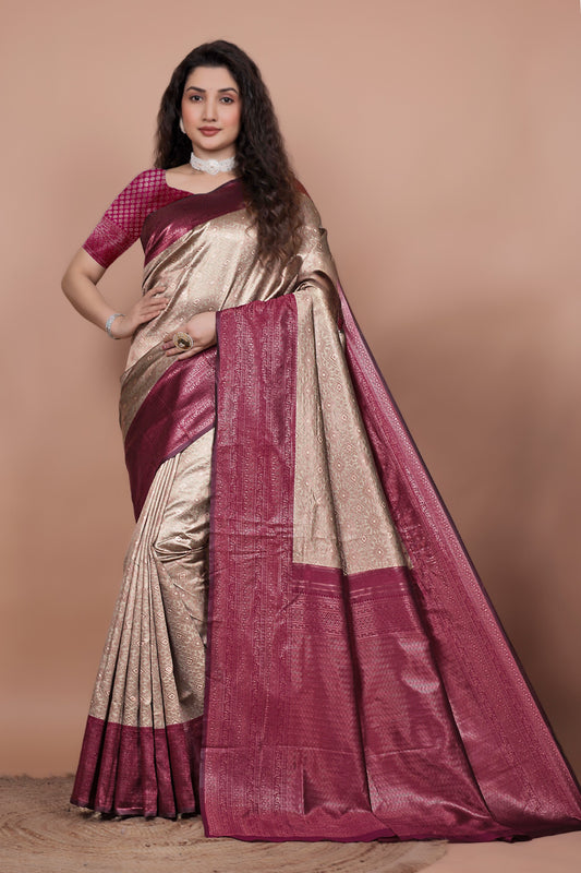 Model posing in a chikoo and cherry woven jacquard silk saree