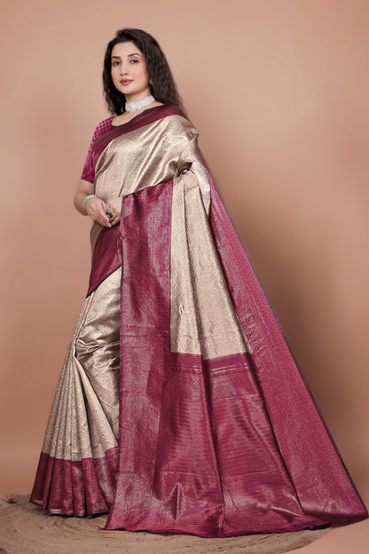 Side drape view showing the elegant cherry border on a chikoo silk saree