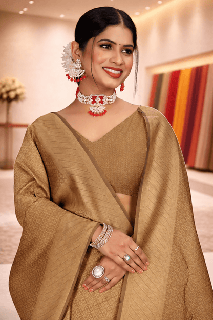 Close-up portrait of a woman wearing a dark chikoo solid silk saree with traditional statement jewelry