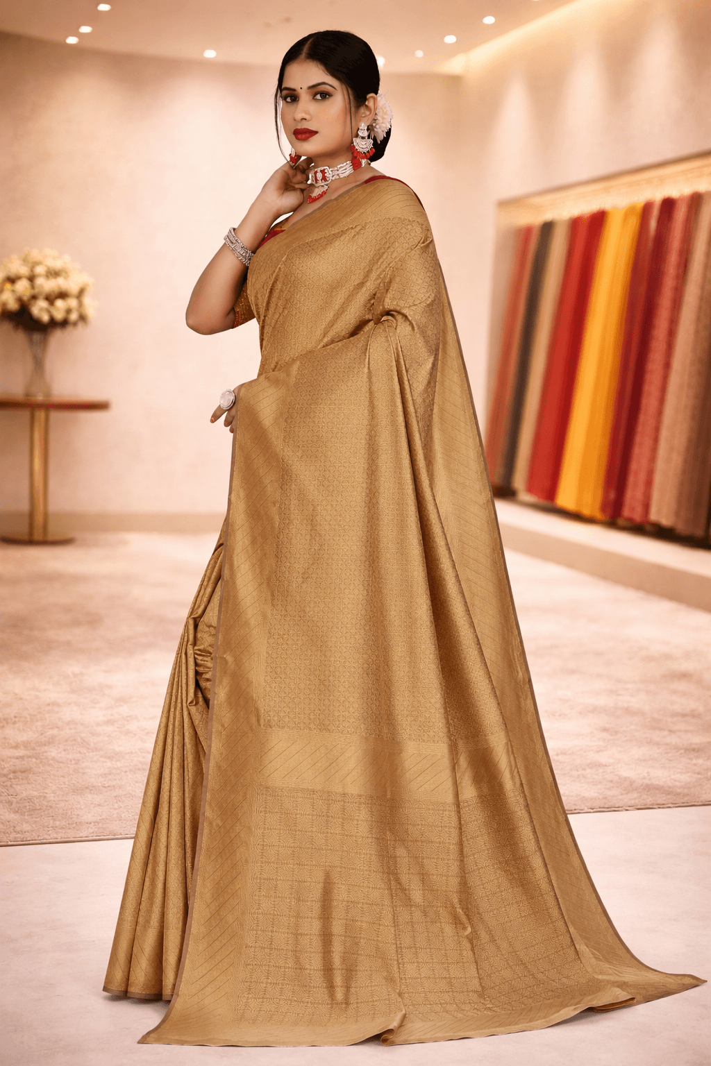 Beautiful model elegantly draped in a dark chikoo plain art silk ethnic saree