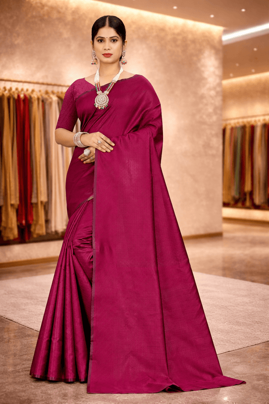 Front pose showing the graceful pleats and smooth texture of the minimalist cherry saree