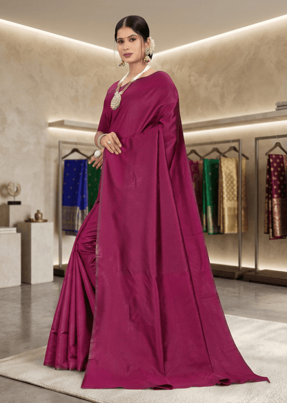 Full length view of a model elegantly draped in a deep cherry solid art silk saree