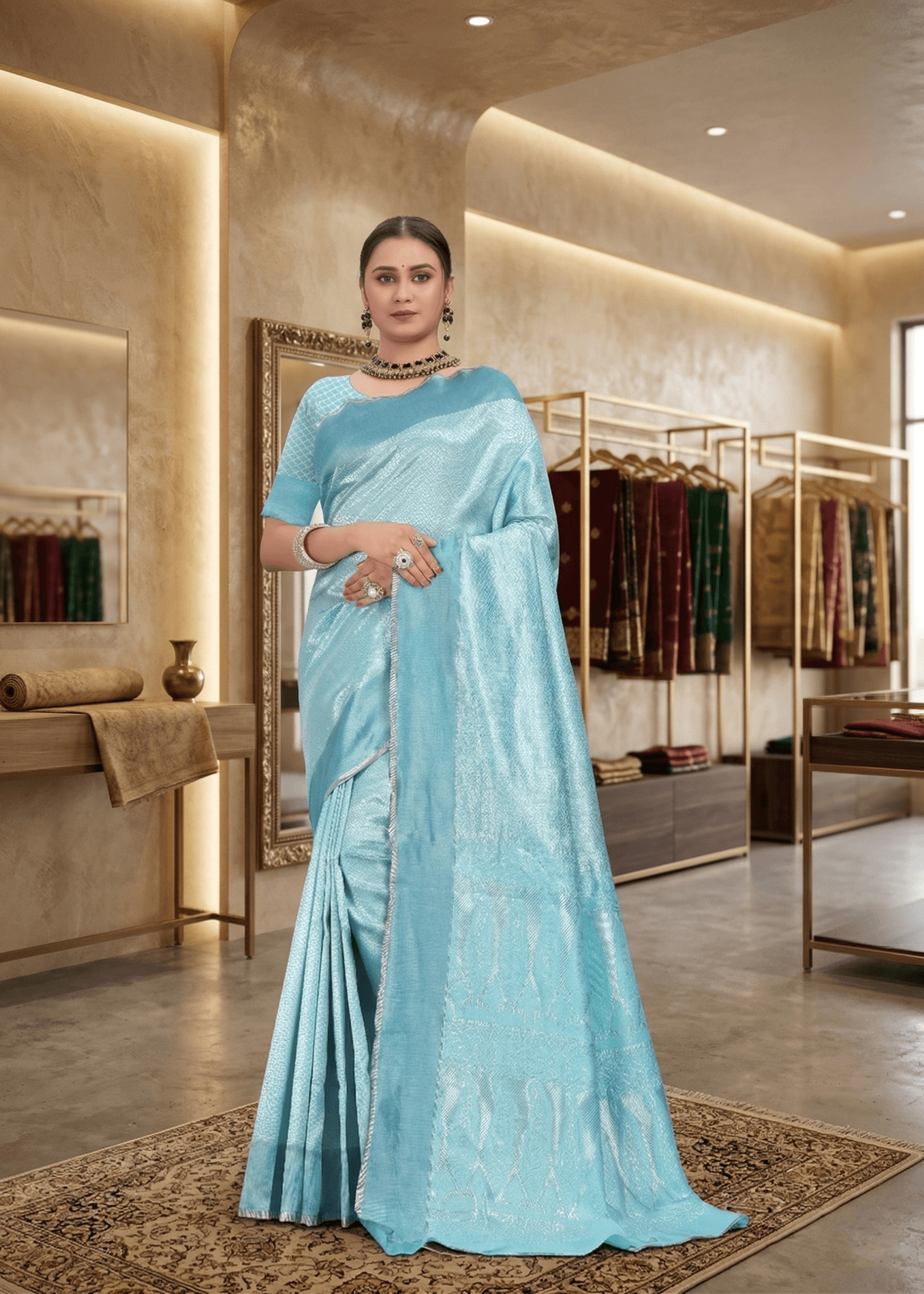 Full front pose of a model standing gracefully in a firozi sky blue jacquard traditional saree