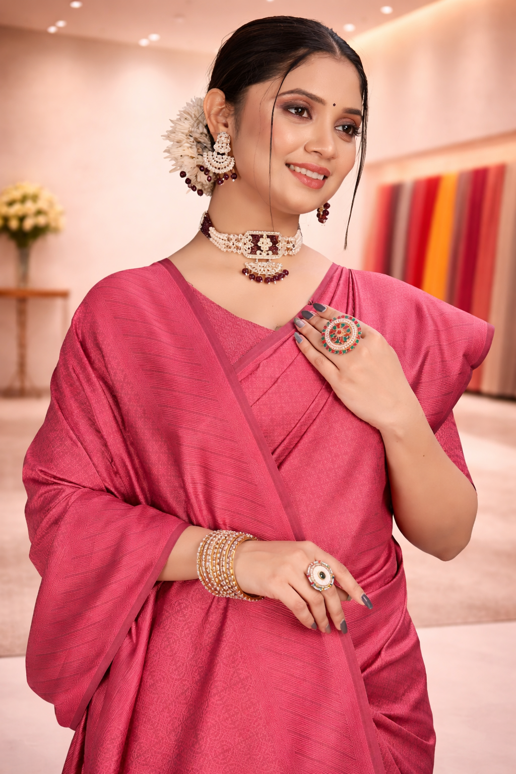 Close-up portrait highlighting the bright gaajri color and traditional jewelry styling of the plain saree
