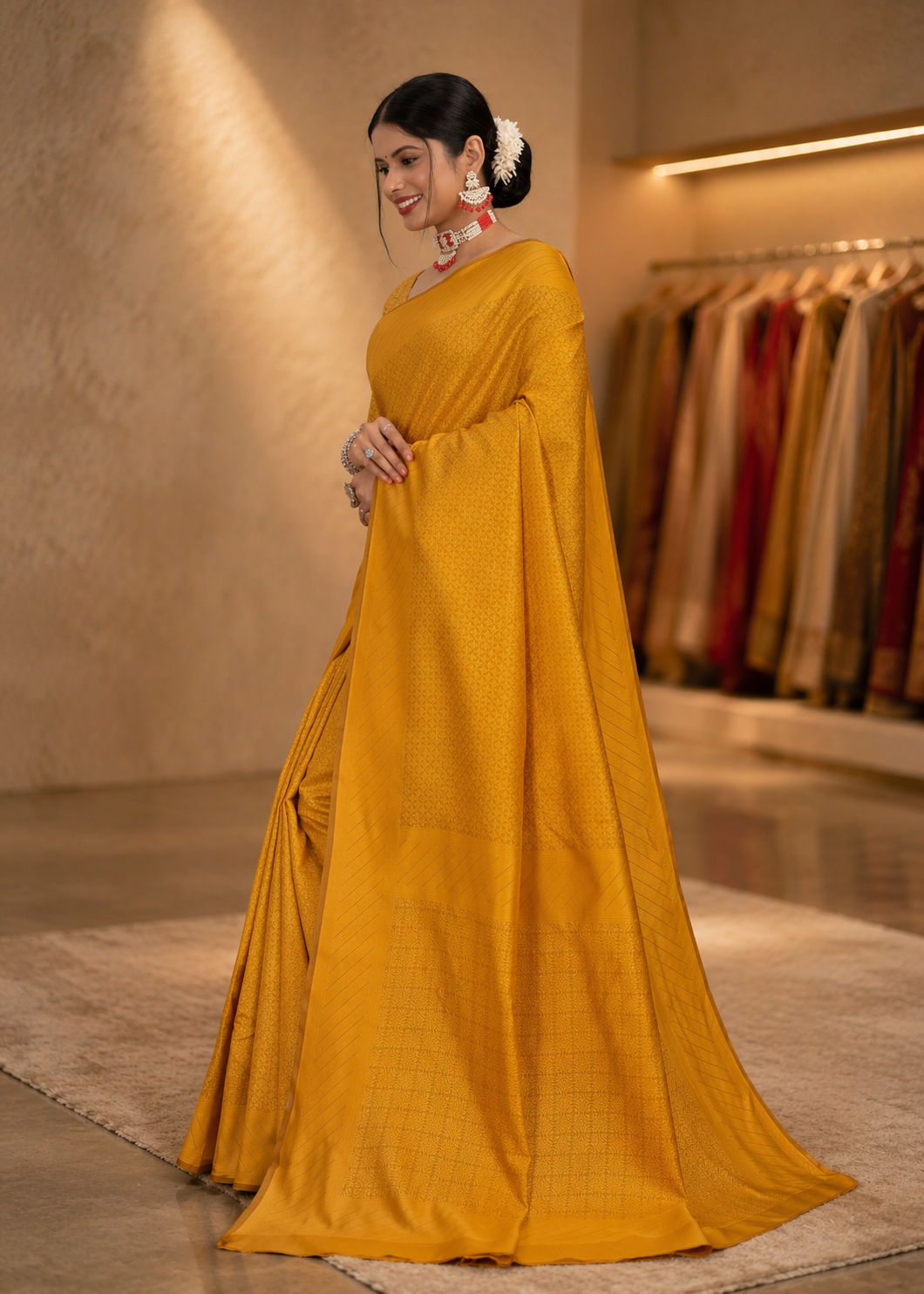 Side profile showing the elegant pleats and subtle texture of the gold ethnic plain saree