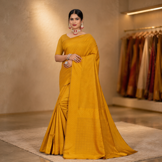 Full-length front view of a beautiful woman wearing a rich gold solid art silk saree with traditional jewelry