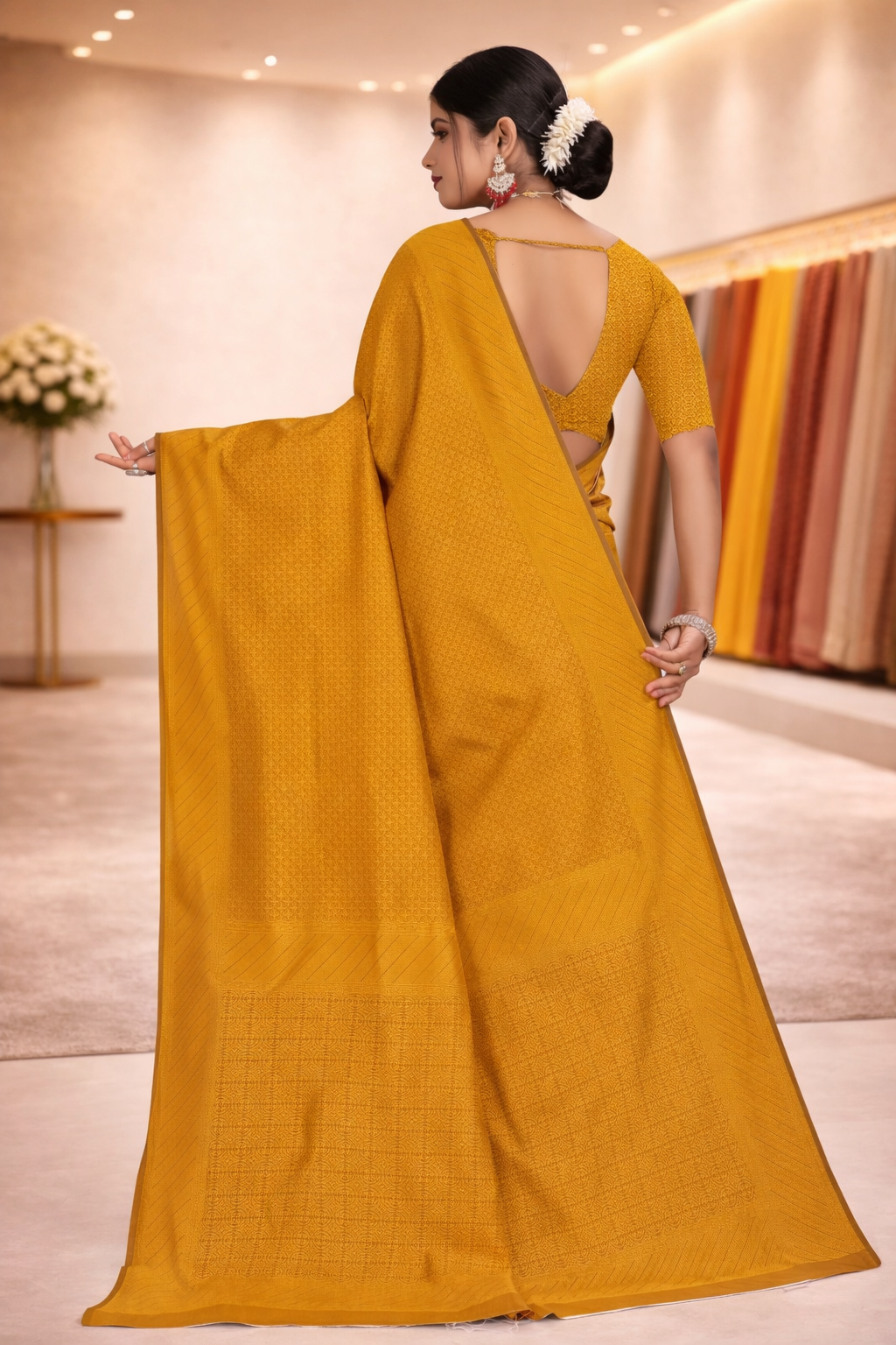 Back view of a model elegantly draped in a golden yellow minimalist saree showcasing the smooth fall