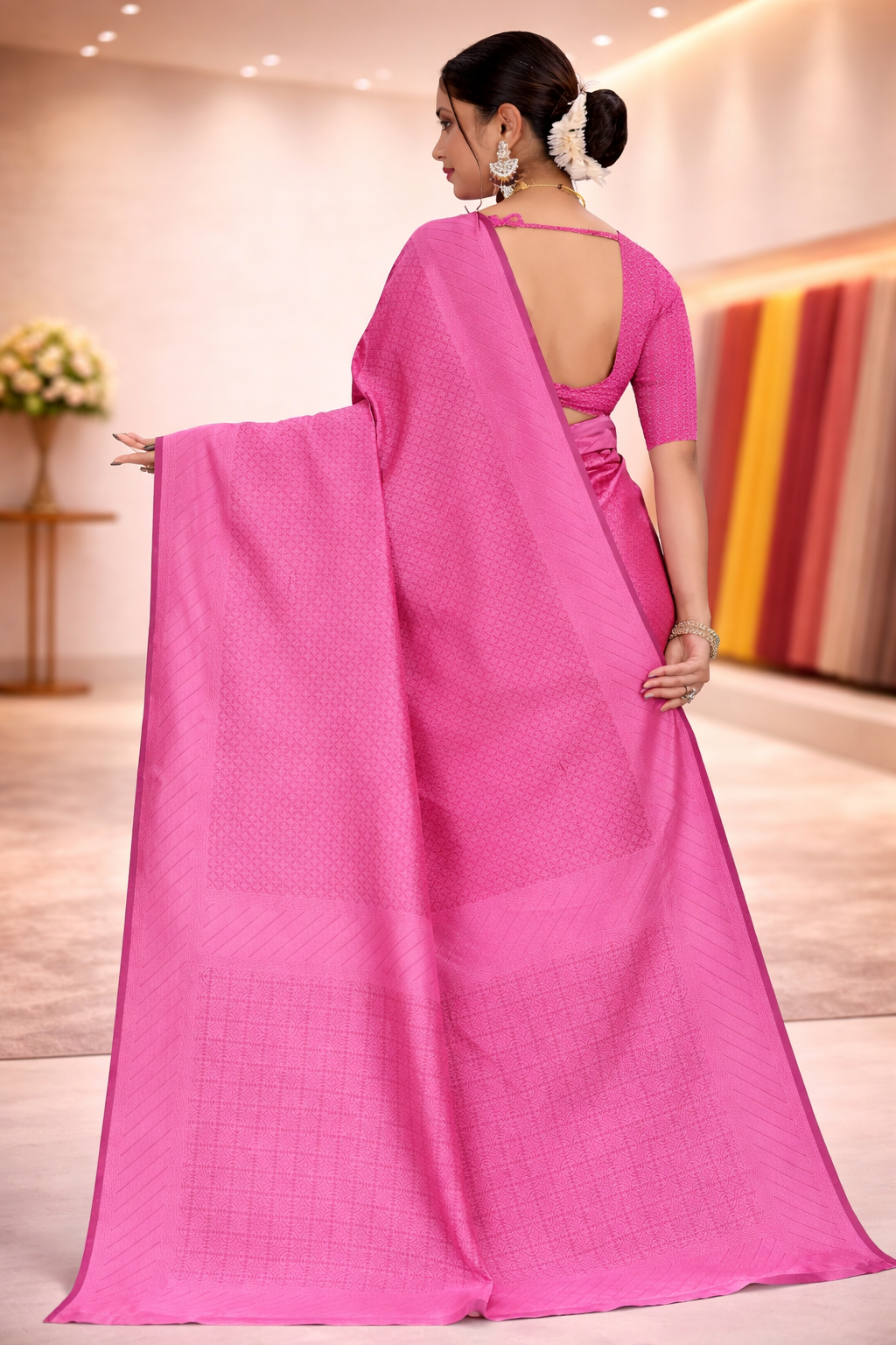Back view of the model showcasing the drape and matching blouse of the plain pink ethnic saree
