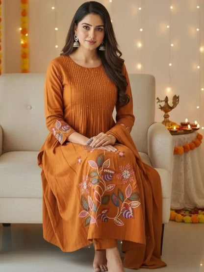 Premium Mustard Pure Cotton Flared Suit Set with Embroidery