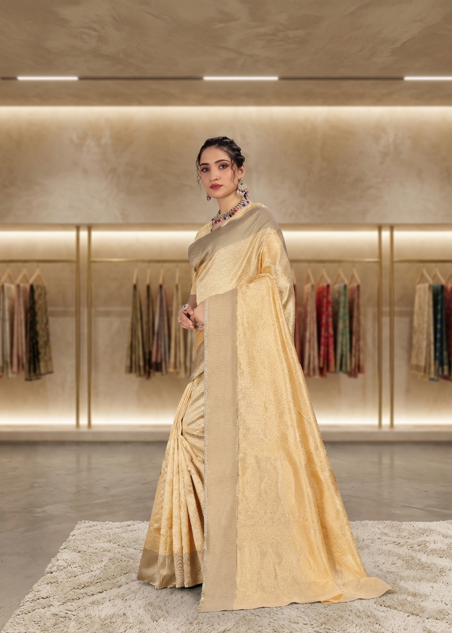 Side view showing the elegant drape and subtle zari border of the light chikoo saree
