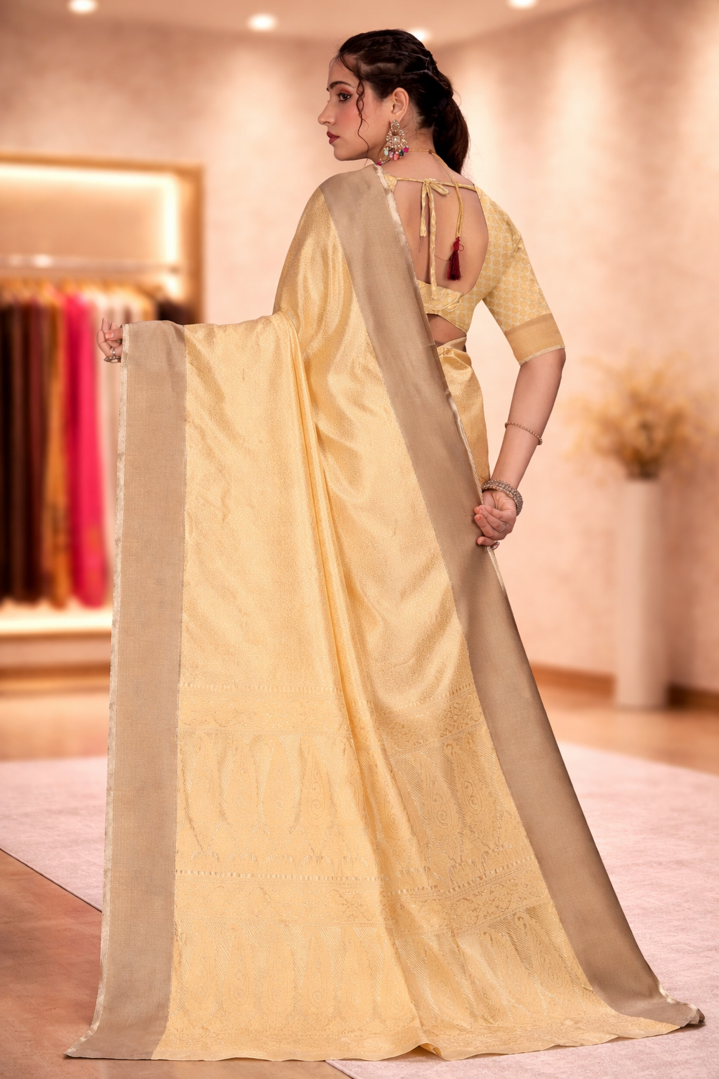 Back view highlighting the intricate paisley woven pallu of the beige silk saree