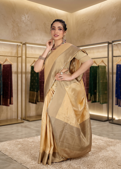 Full front pose showing the rich texture and graceful fall of the light chikoo saree